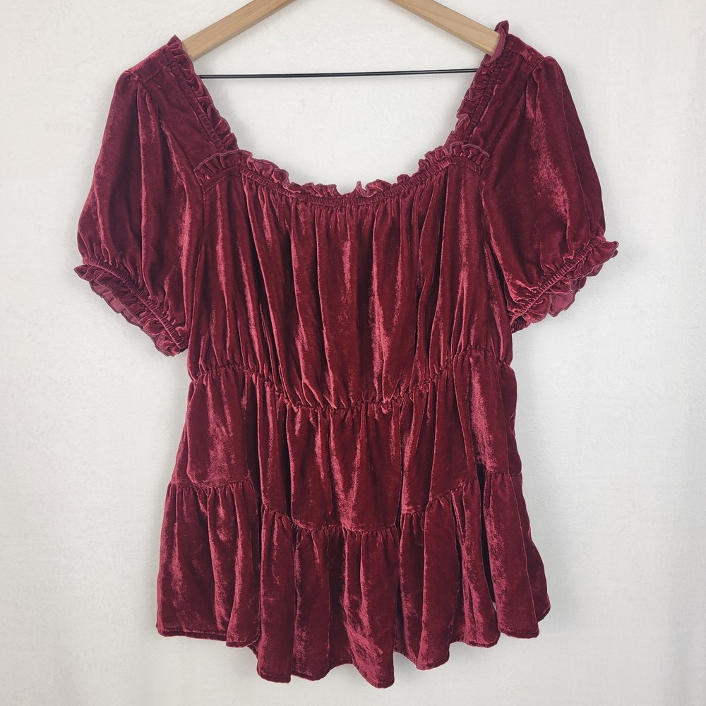 Torrid Velvet Tiered Babydoll Top Sz 1 (14-16) Burgundy Boho Romantic Whimsigoth